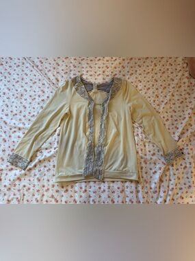 Cream Long-Sleeve Tie-Front Top with Striped Trim